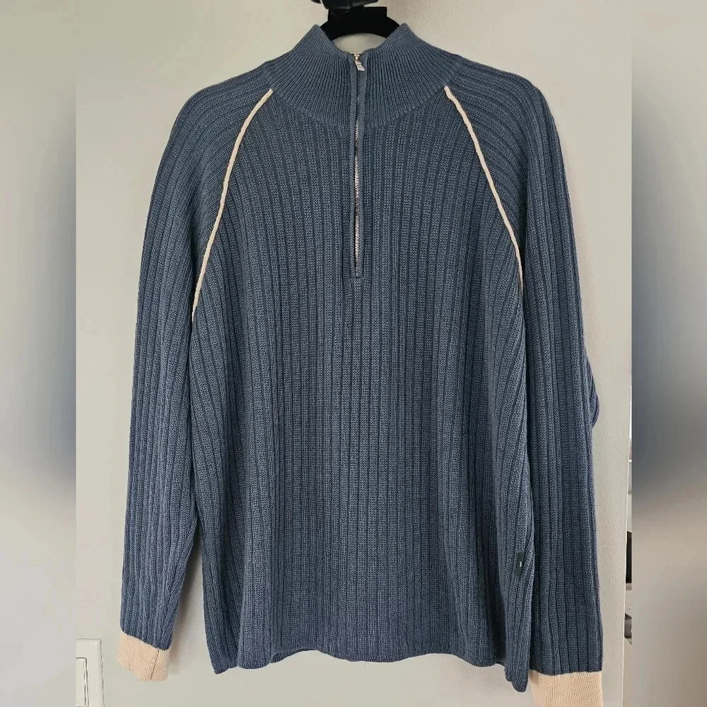 Hugo Boss 70% Virgin Wool Made in Italy 1/4 Zip Turtleneck Sweater Blue Size XL